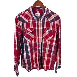 Levi's Long Sleeves Shirt Men's Size Large Red Blue Plaid Pockets Western Cut